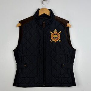 Ralph Lauren Sport Vest Womens XL Black Quilted Brown Suede Equestrian Crested
